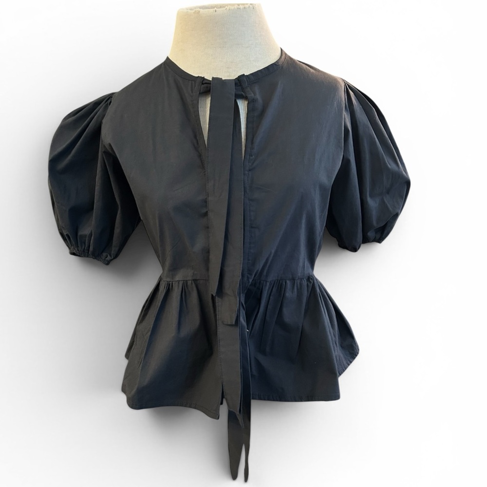 NOHA Tie Front Cinch Waist  Puff Sleeve Peplum Blouse in Black